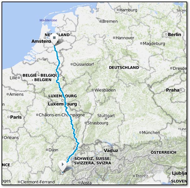 Route van Geneve naar Veenendaal